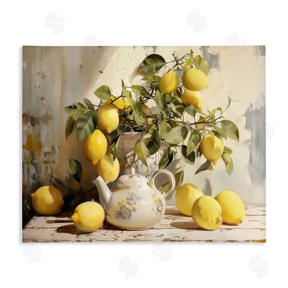 LSR Design Studio Lemon Still Life with Teapot Stretched Canvas Wall Art