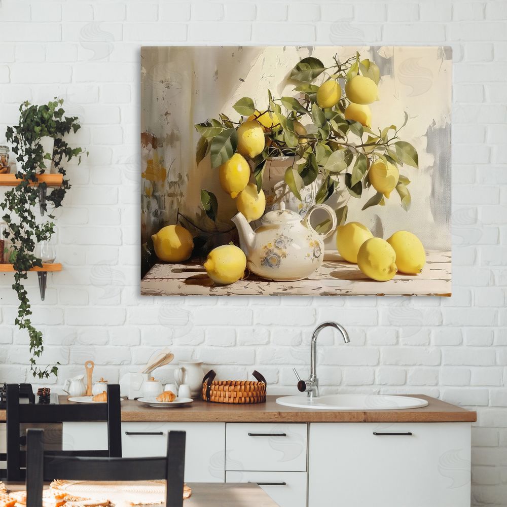 LSR Design Studio Lemon Still Life with Teapot Stretched Canvas Wall Art in Room