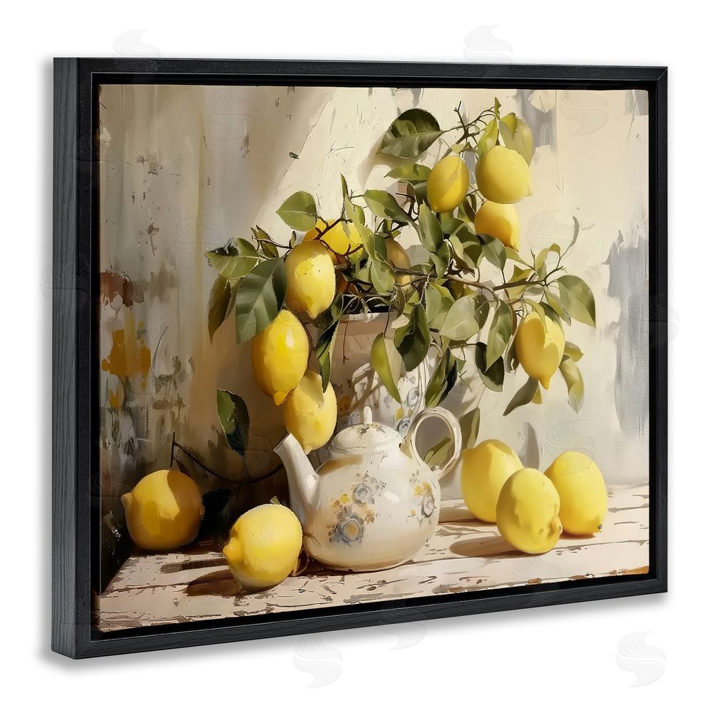 LSR Design Studio Lemon Still Life with Teapot Black Floating Framed Canvas Wall Art
