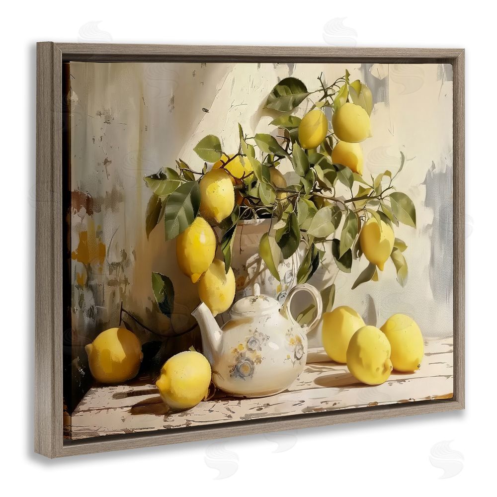 LSR Design Studio Lemon Still Life with Teapot Brown Floating Framed Canvas Wall Art