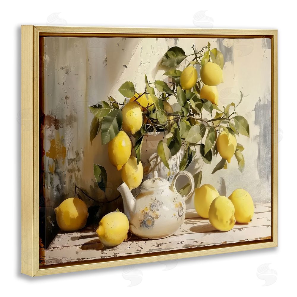 LSR Design Studio Lemon Still Life with Teapot Gold Floating Framed Canvas Wall Art
