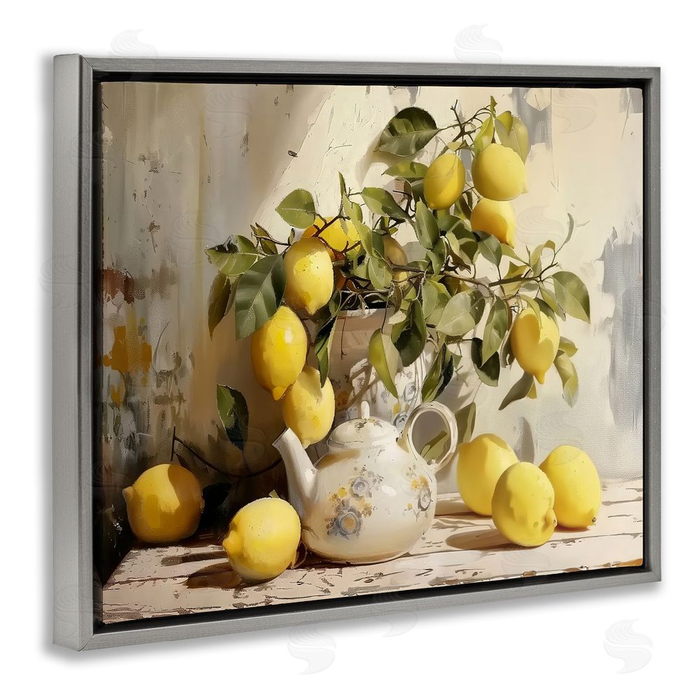 LSR Design Studio Lemon Still Life with Teapot Gray Floating Framed Canvas Wall Art