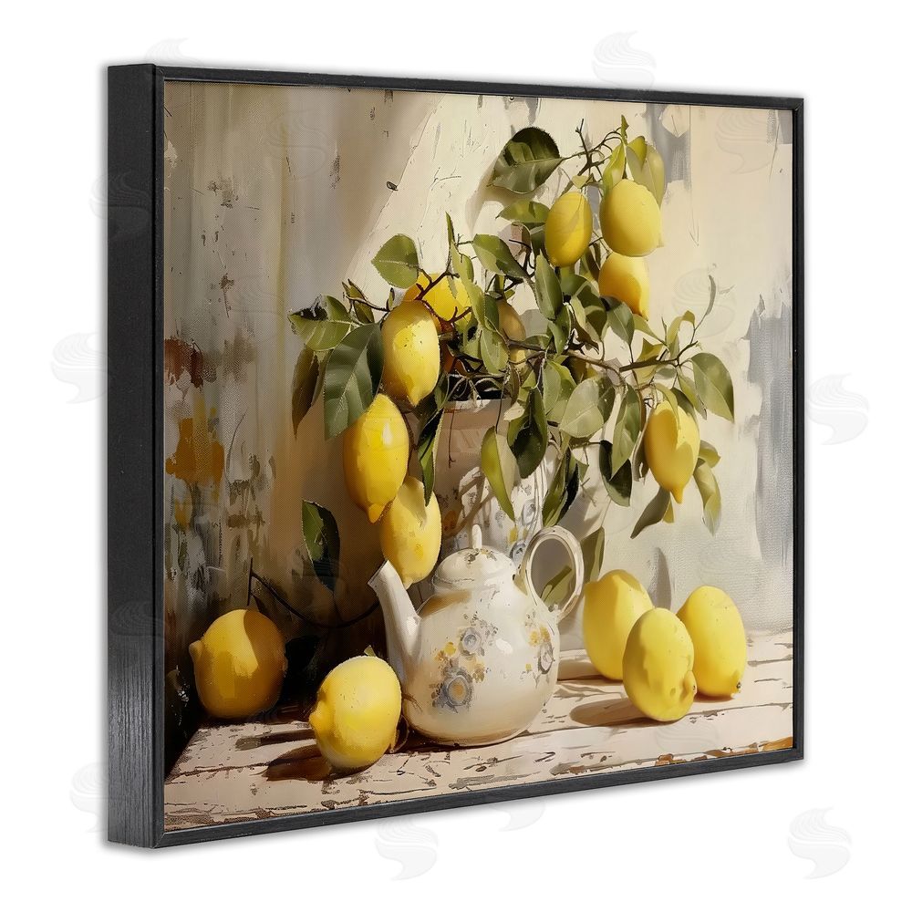 LSR Design Studio Lemon Still Life with Teapot Black Framed Giclee Wall Art