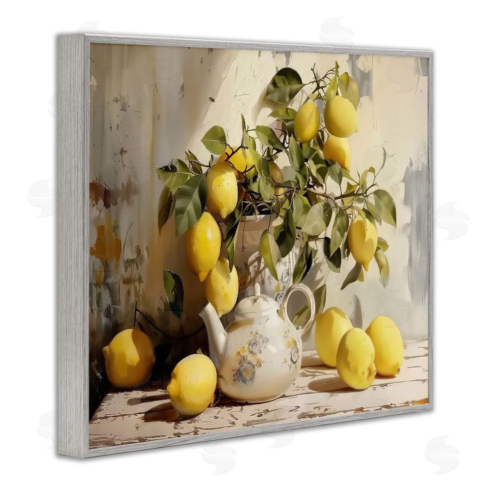 LSR Design Studio Lemon Still Life with Teapot Gray Framed Giclee Wall Art