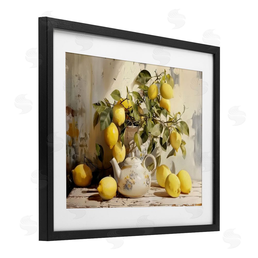 LSR Design Studio Lemon Still Life with Teapot Black Framed Print Under Glass Wall Art