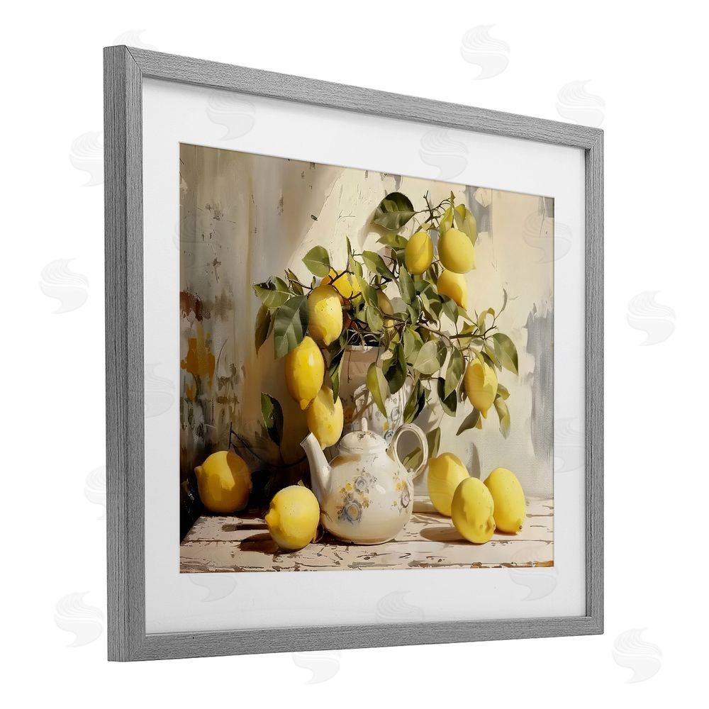 LSR Design Studio Lemon Still Life with Teapot Gray Framed Print Under Glass Wall Art