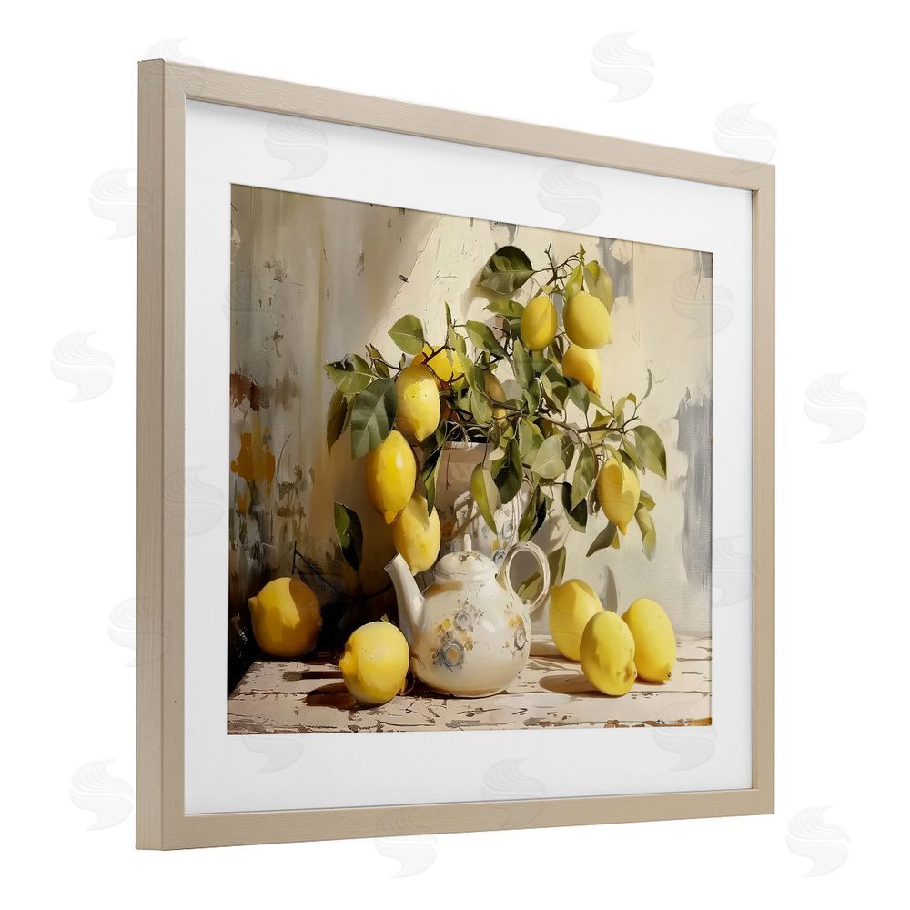 LSR Design Studio Lemon Still Life with Teapot Brown Framed Print Under Glass Wall Art