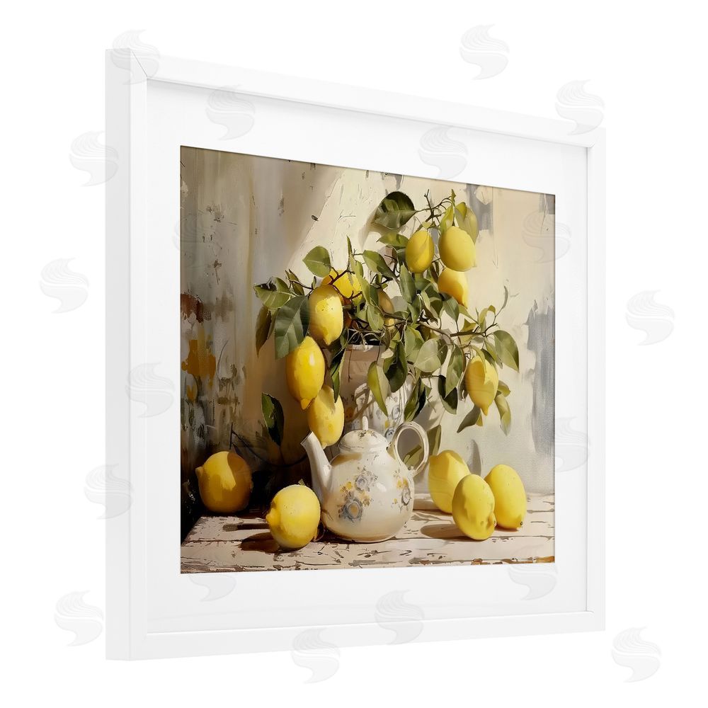 LSR Design Studio Lemon Still Life with Teapot White Framed Print Under Glass Wall Art