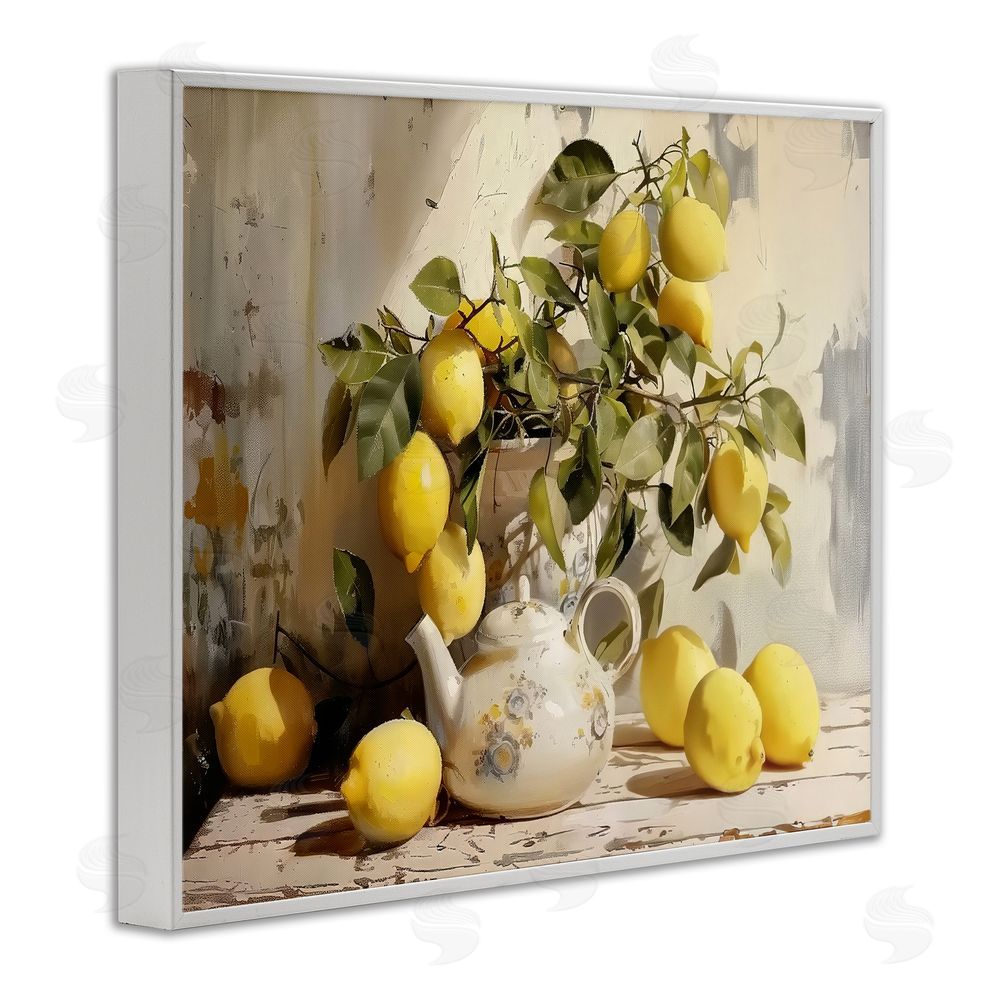 LSR Design Studio Lemon Still Life with Teapot White Framed Giclee Wall Art