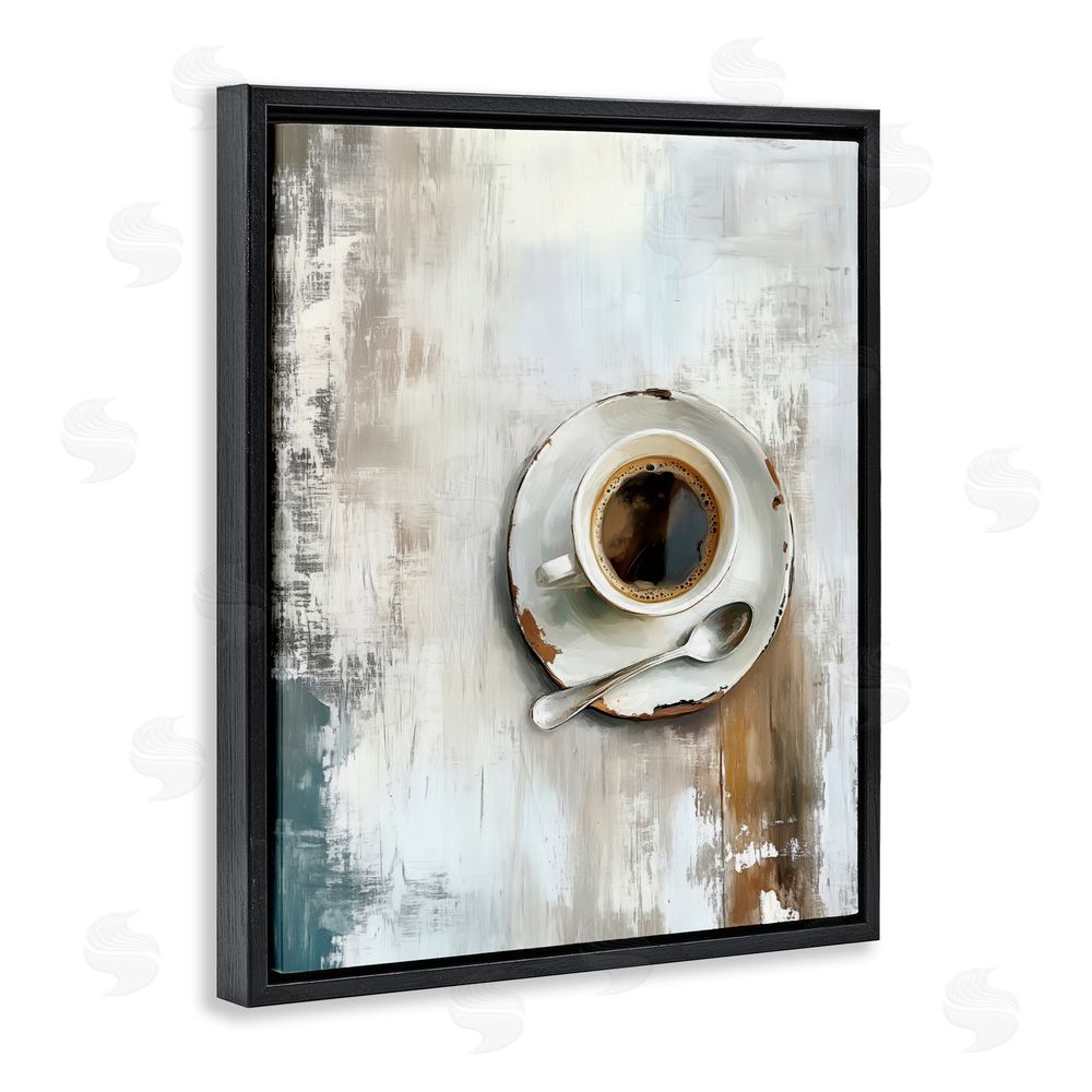LSR Design Studio Neutral & Rustic Cup of Coffee Black Floating Framed Canvas Wall Art