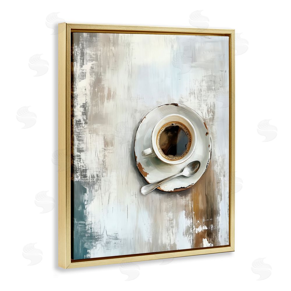 LSR Design Studio Neutral & Rustic Cup of Coffee Gold Floating Framed Canvas Wall Art