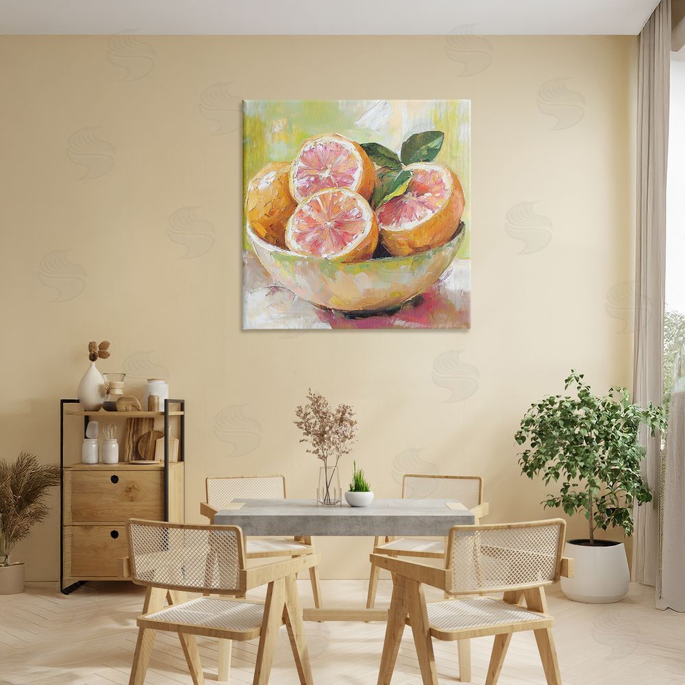 Riley B Bold Grapefruit in Ceramic Bowl Stretched Canvas Wall Art Print in Room