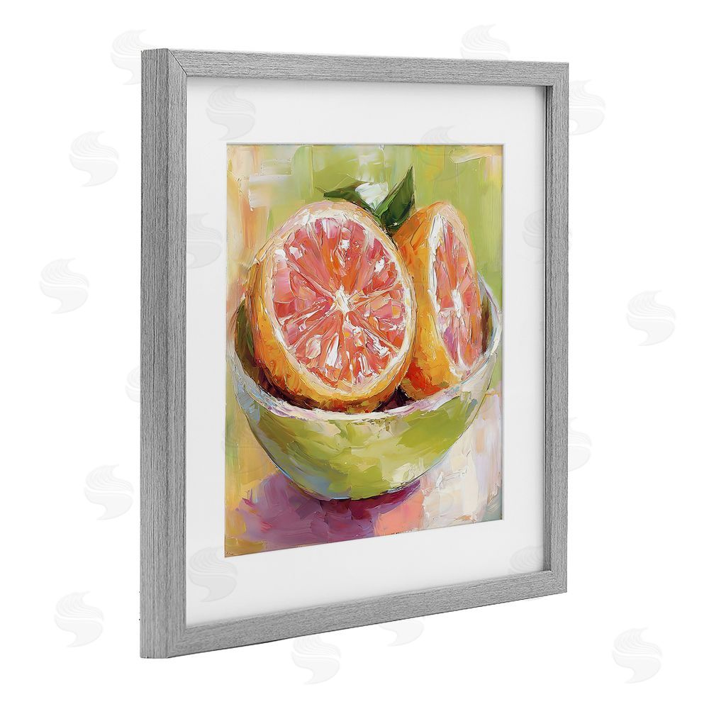 Riley B Sliced Grapefruit in Bowl Gray Framed Print Under Glass with White Mat Wall Art