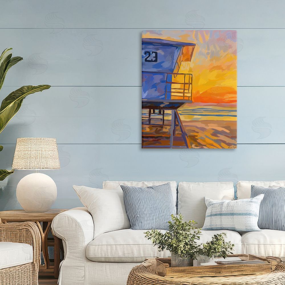 Amelia Noyes Lifeguard Stand Sunset Stretched Canvas Wall Art in Room