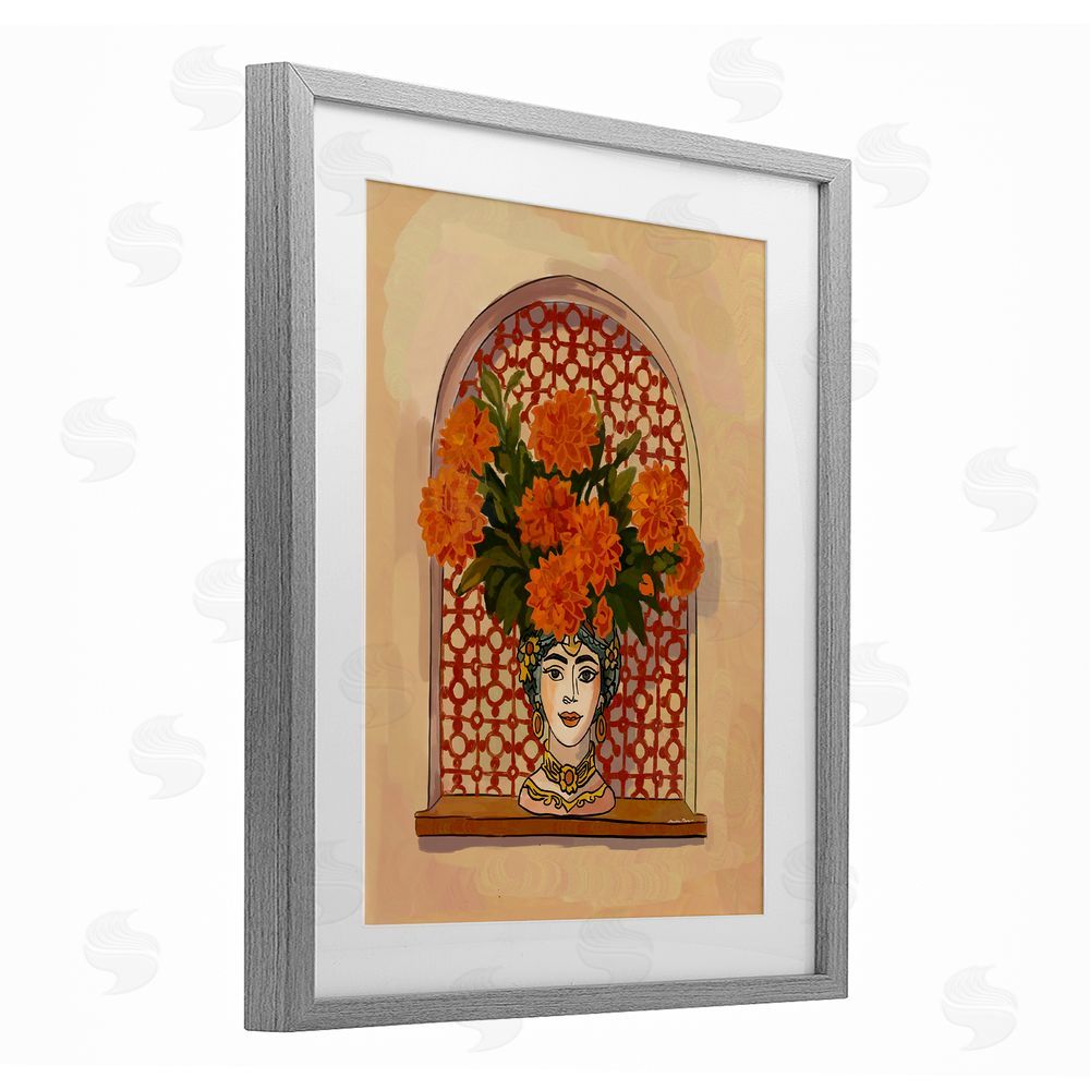 Amelia Noyes Ornate Flower Head Vase Gray Framed Print Under Glass Wall Art