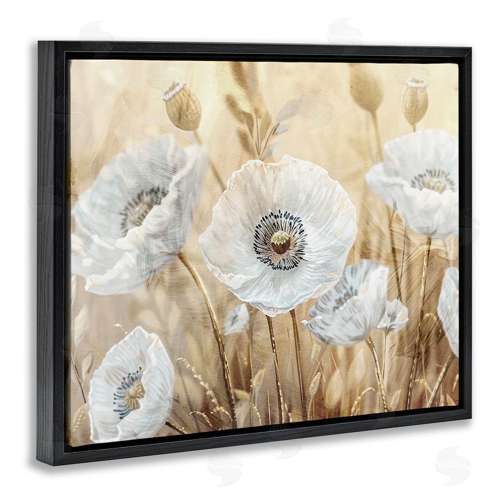 Kim Allen White Poppies Beige Field Black Floating Frame Canvas Wall Art Print