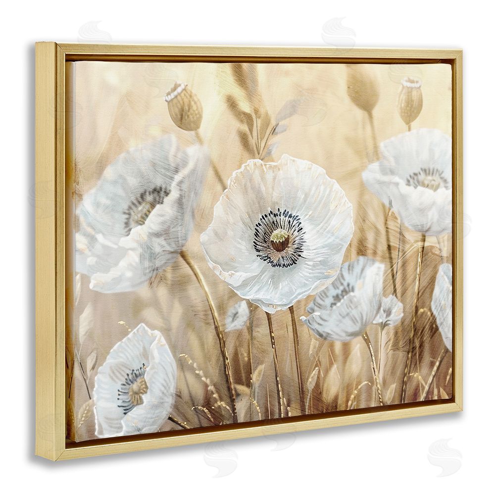 Kim Allen White Poppies Beige Field Gold Floating Frame Canvas Wall Art Print