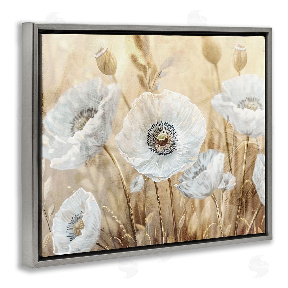 Kim Allen White Poppies Beige Field Gray Floating Frame Canvas Wall Art Print