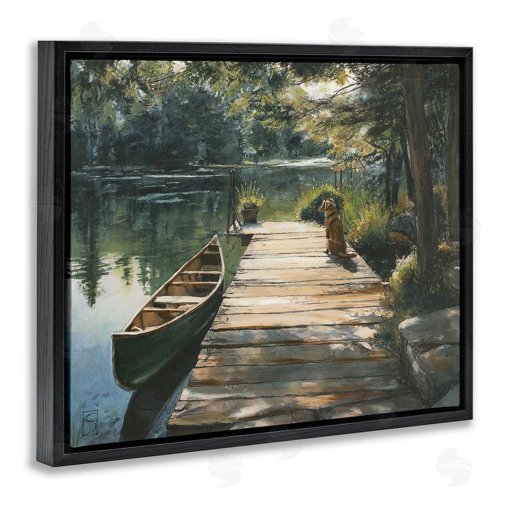Sara Culpepper Lake Life Dog on Dock Black Floating Frame Canvas Wall Art Print