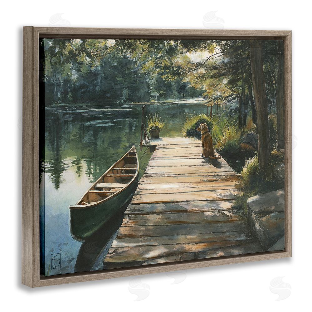Sara Culpepper Lake Life Dog on Dock Brown Floating Frame Canvas Wall Art Print