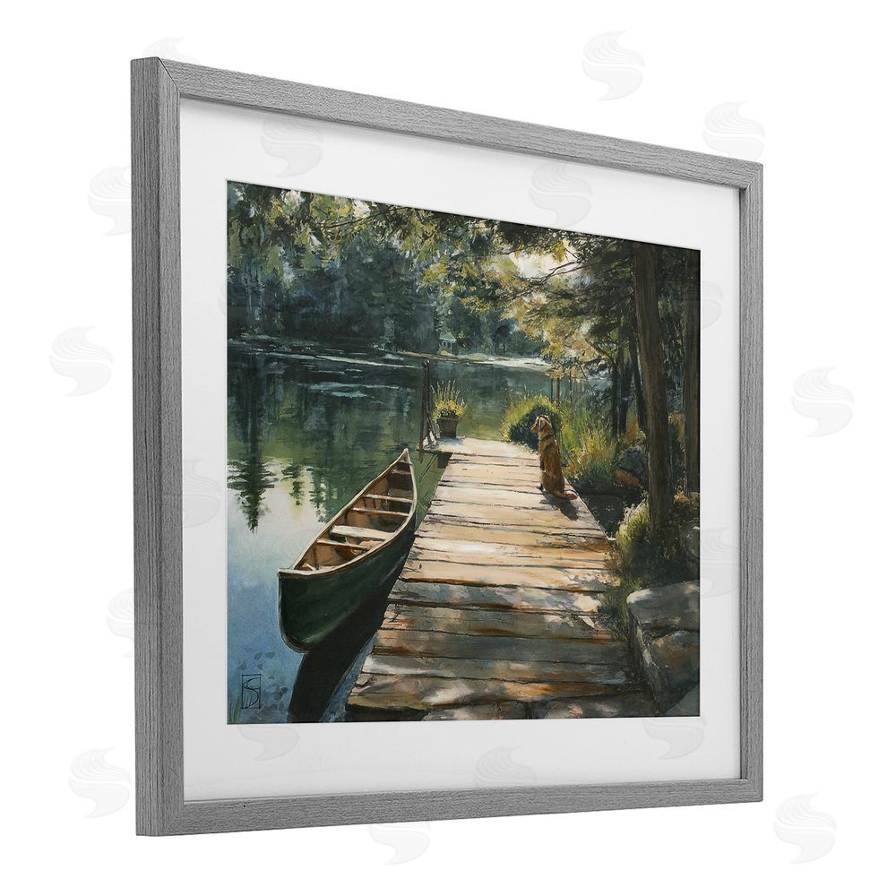 Sara Culpepper Lake Life Dog on Dock Gray Framed Print Under Glass Wall Art