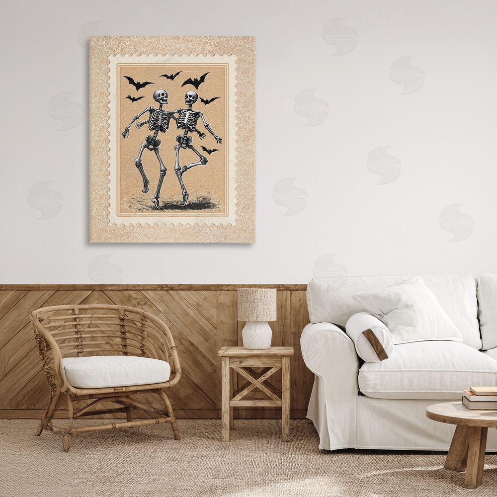 Arlington Prints Vintage Dancing Skeletons Stamp Stretched Canvas Wall Art Print in Room