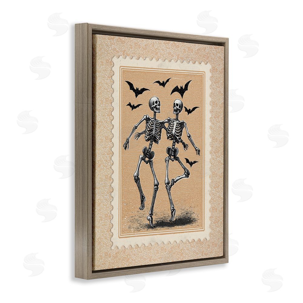 Arlington Prints Vintage Dancing Skeletons Stamp Brown Floating Frame Canvas Wall Art Print
