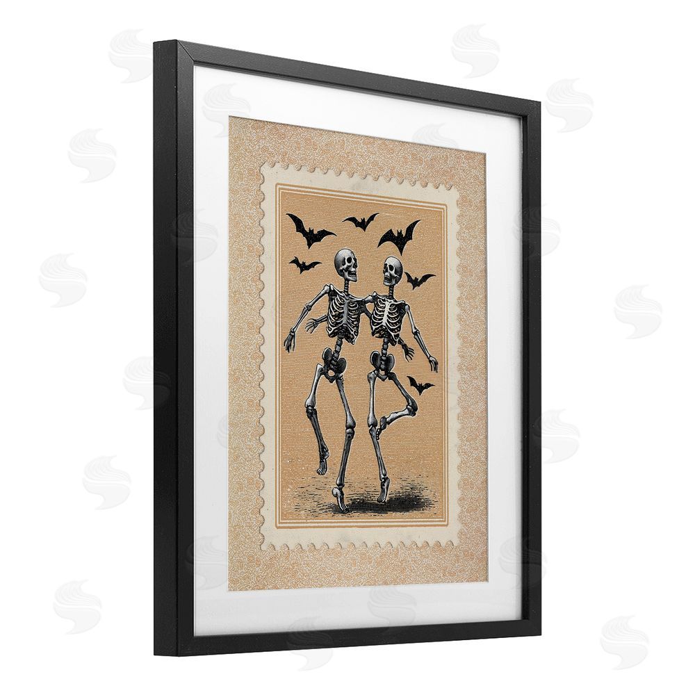 Arlington Prints Vintage Dancing Skeletons Stamp Black Framed Print Under Glass Wall Art