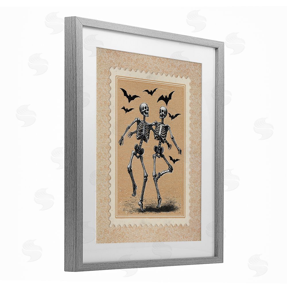 Arlington Prints Vintage Dancing Skeletons Stamp Gray Framed Print Under Glass Wall Art
