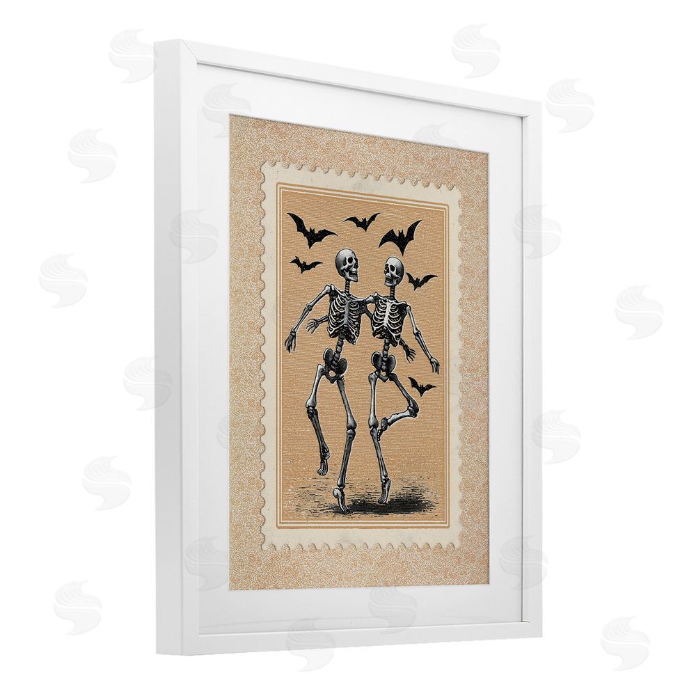 Arlington Prints Vintage Dancing Skeletons Stamp White Framed Print Under Glass Wall Art