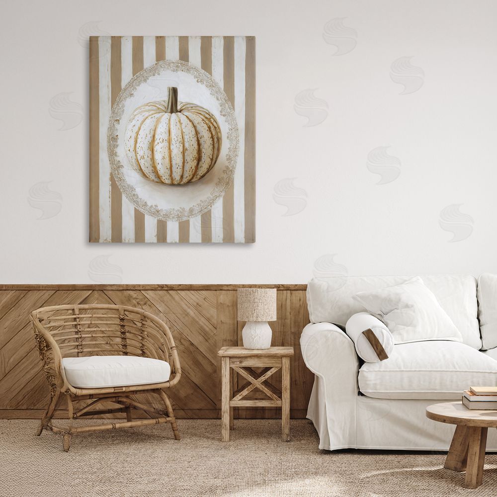 Arlington Prints Beige Stripes Pumpkin Stretched Canvas Wall Art Print in Room