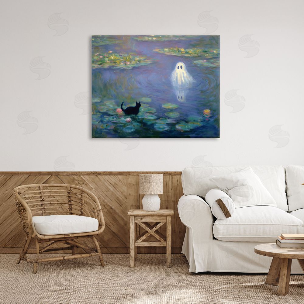 Arlington Prints Water Lilies with Ghost & Kitty Stretched Canvas Wall Art Print in Room