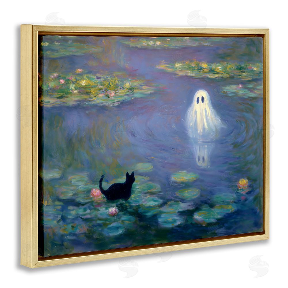 Arlington Prints Water Lilies with Ghost & Kitty Gold Floating Frame Canvas Wall Art Print