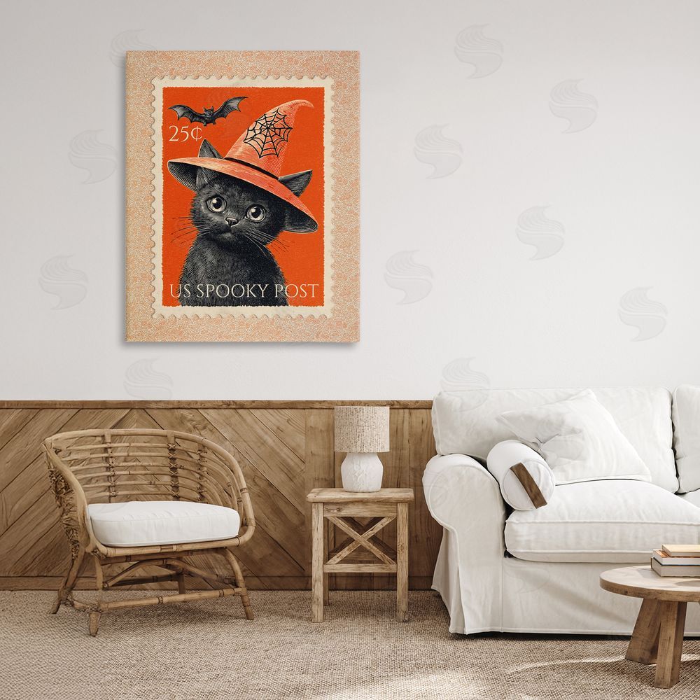 Arlington Prints Vintage Black Cat Stamp Stretched Canvas Wall Art Print in Room