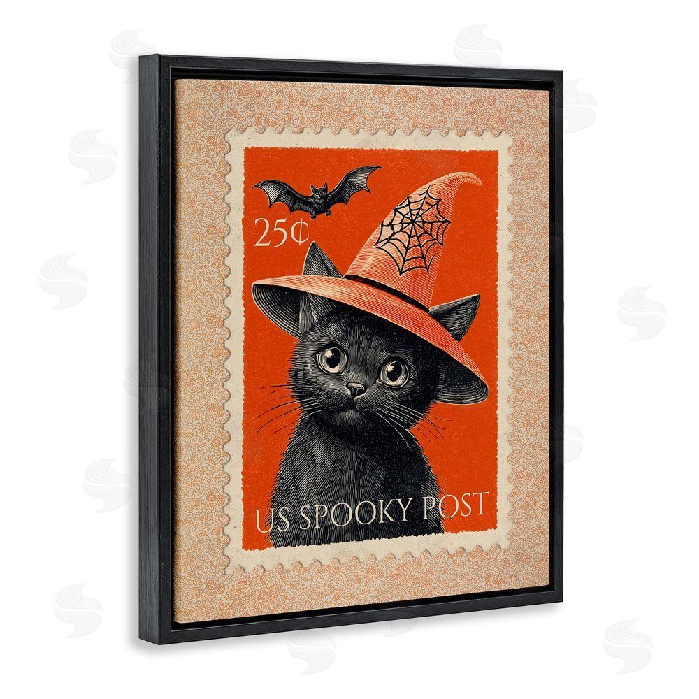 Arlington Prints Vintage Black Cat Stamp Black Floating Frame Canvas Wall Art Print
