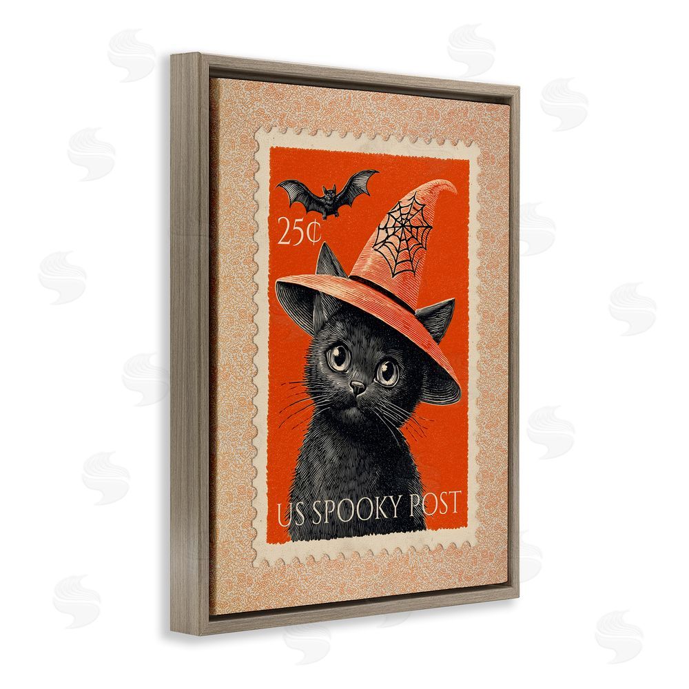 Arlington Prints Vintage Black Cat Stamp Brown Floating Frame Canvas Wall Art Print