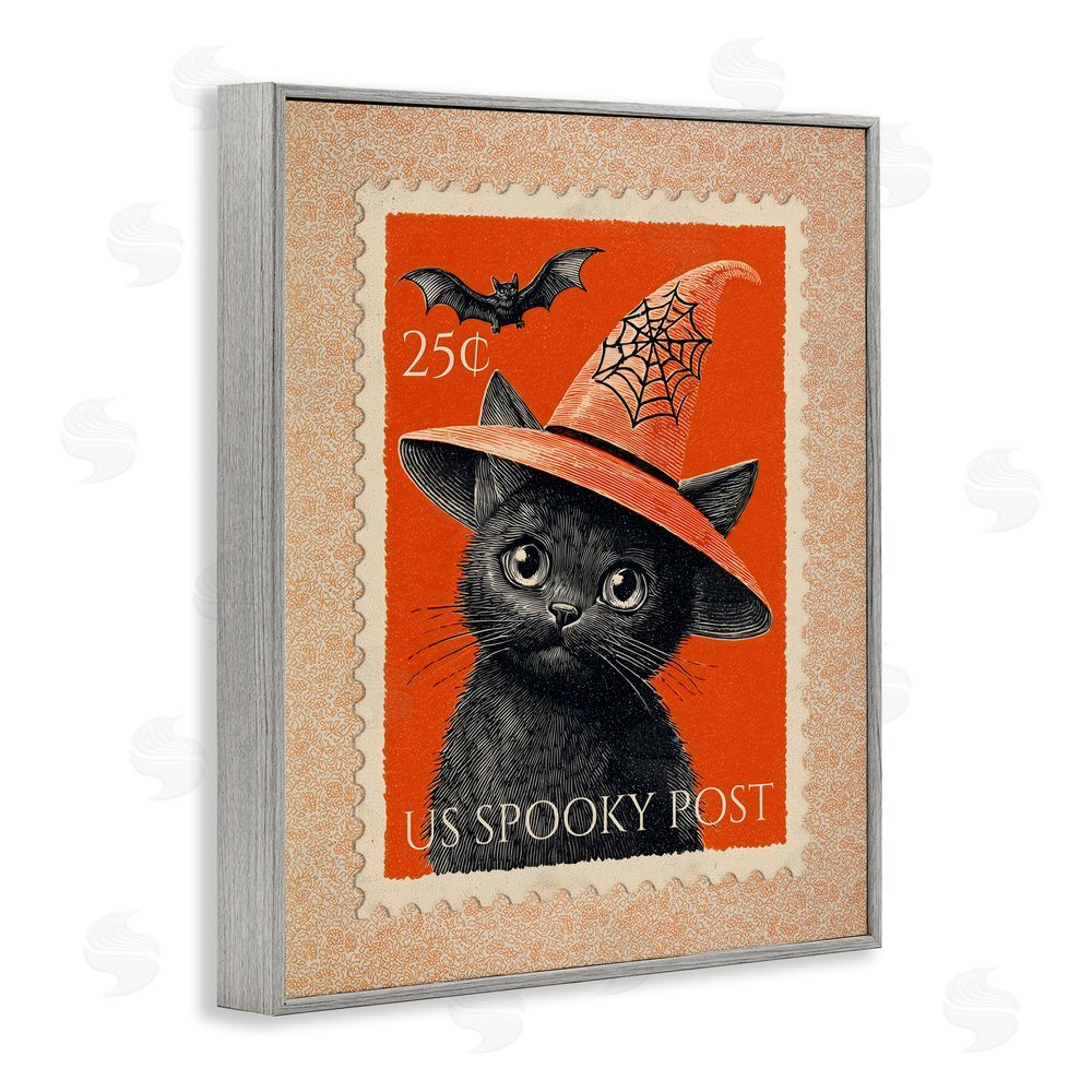 Arlington Prints Vintage Black Cat Stamp Gray Framed Giclee Print Wall Art