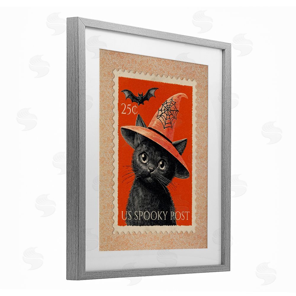 Arlington Prints Vintage Black Cat Stamp Gray Framed Print Under Glass Wall Art