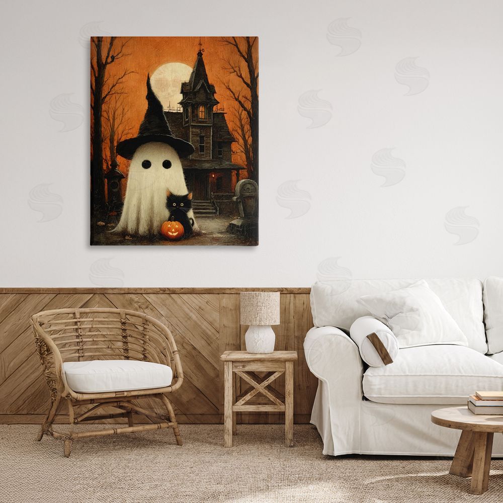 Arlington Prints Cute Ghost & Haunted House Stretched Canvas Wall Art Print in Room
