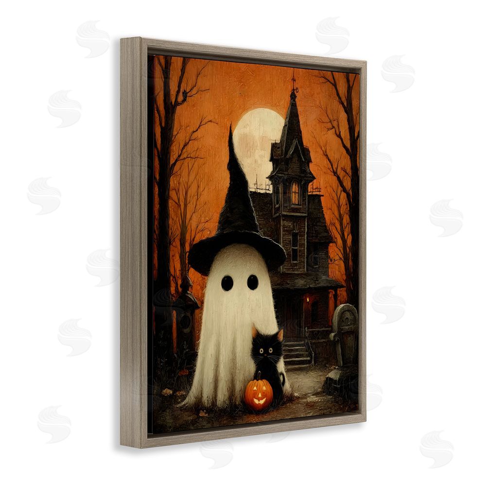 Arlington Prints Cute Ghost & Haunted House Brown Floating Frame Canvas Wall Art Print