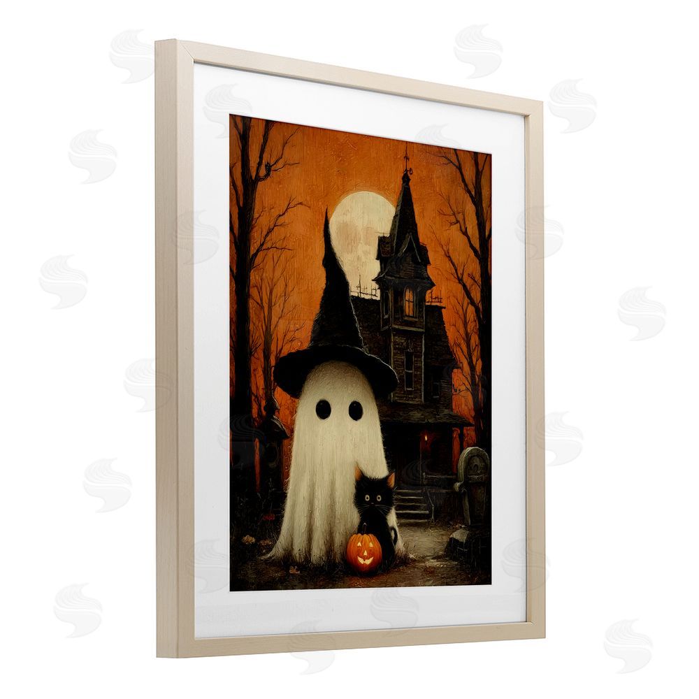 Arlington Prints Cute Ghost & Haunted House Brown Framed Print Under Glass Wall Art