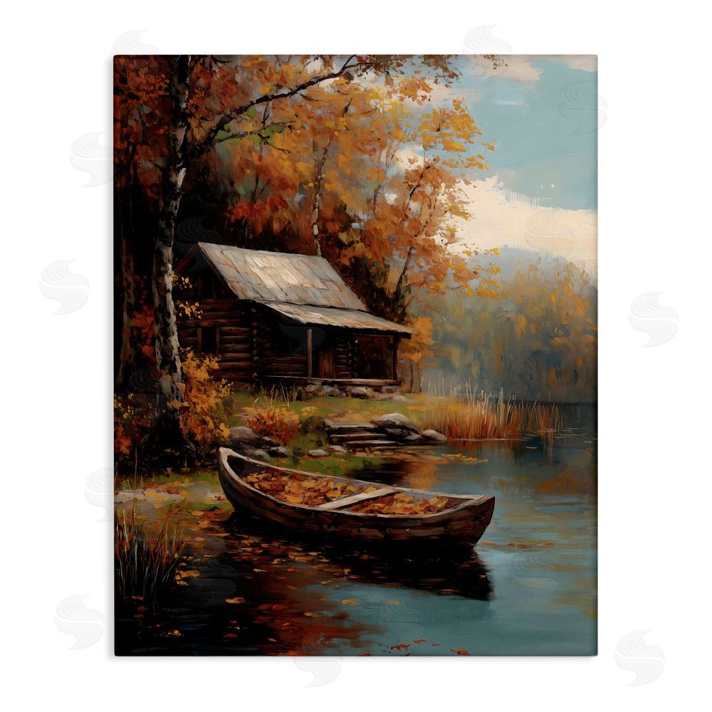 Arlington Prints Autumn Cabin Canoe with Leaves Stretched Canvas Wall Art Print