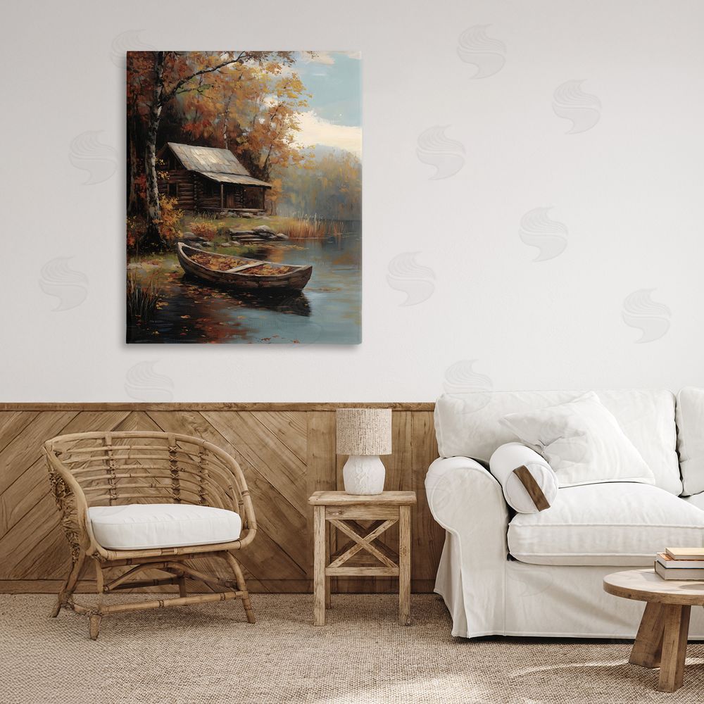 Arlington Prints Autumn Cabin Canoe with Leaves Stretched Canvas Wall Art Print in Room