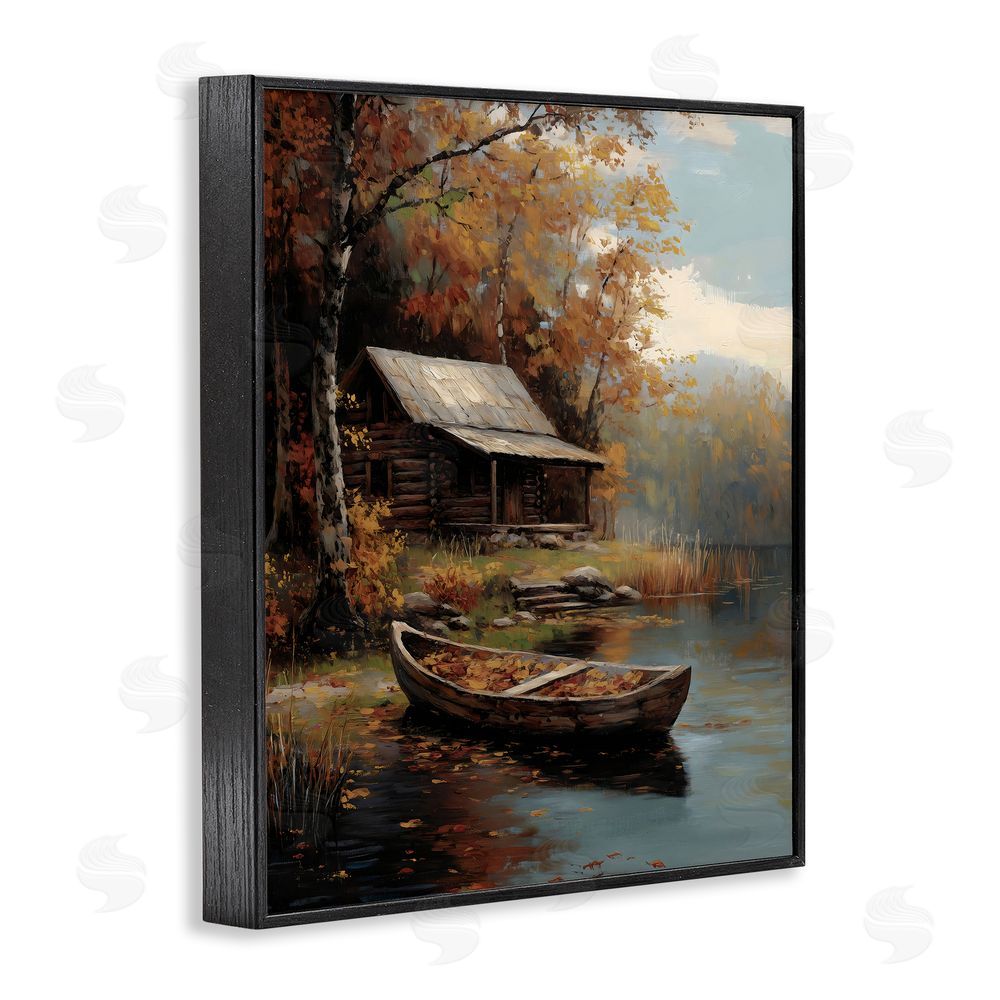Arlington Prints Autumn Cabin Canoe with Leaves Black Framed Giclee Print Wall Art