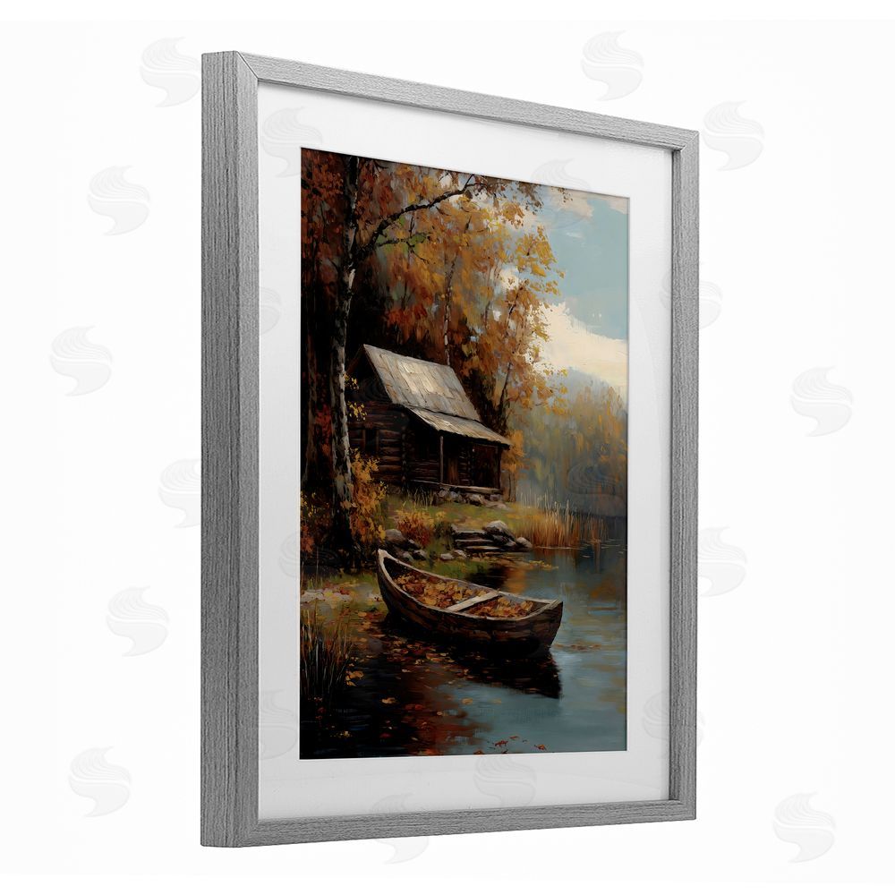 Arlington Prints Autumn Cabin Canoe with Leaves Gray Framed Print Under Glass Wall Art