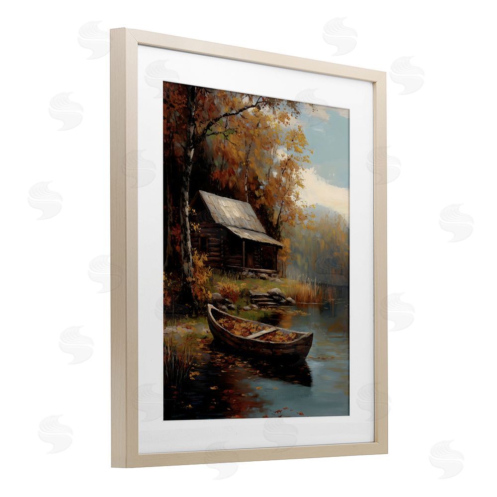 Arlington Prints Autumn Cabin Canoe with Leaves Brown Framed Print Under Glass Wall Art
