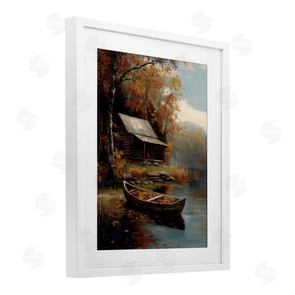 Arlington Prints Autumn Cabin Canoe with Leaves White Framed Print Under Glass Wall Art