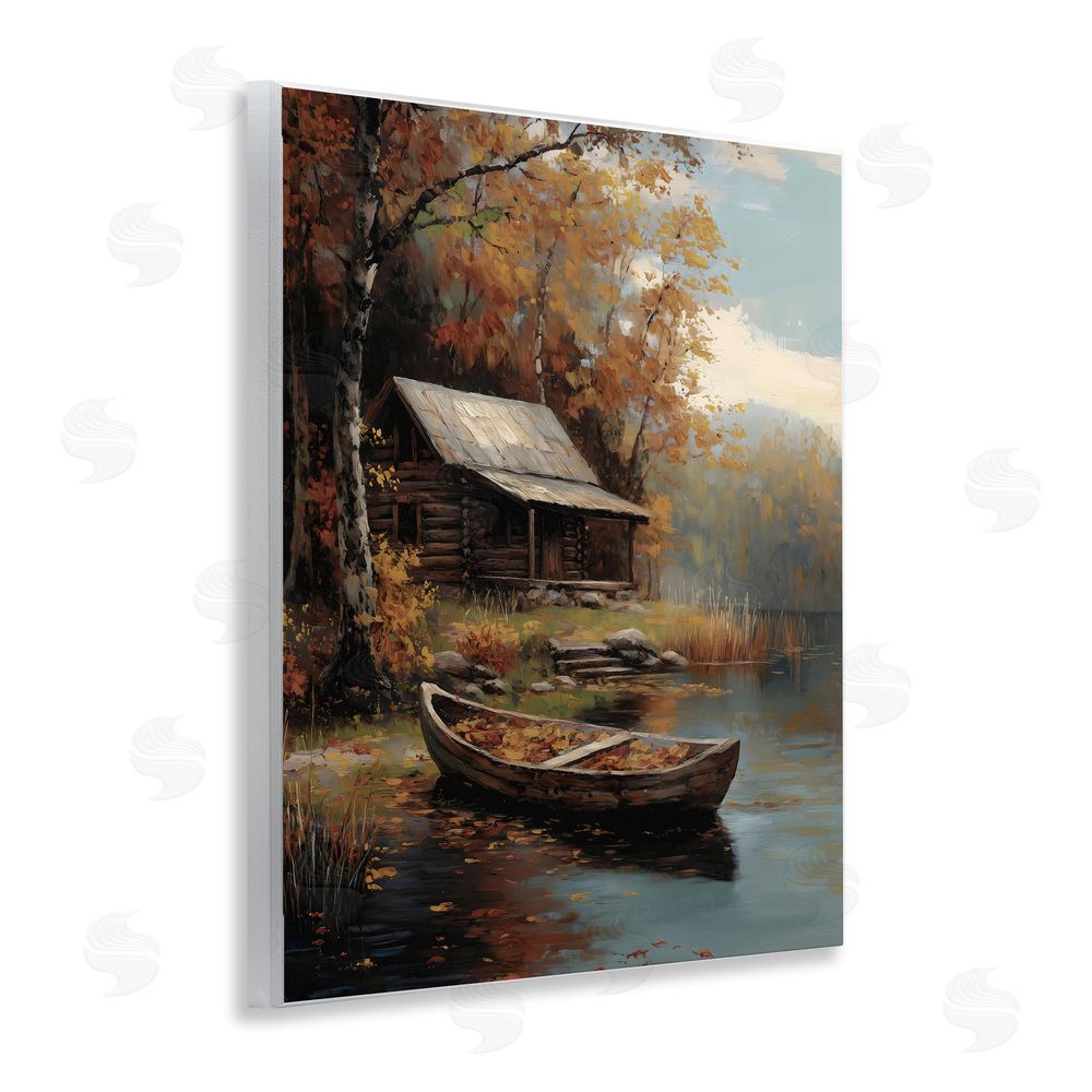 Arlington Prints Autumn Cabin Canoe with Leaves Wooden Wall Plaque Art Print