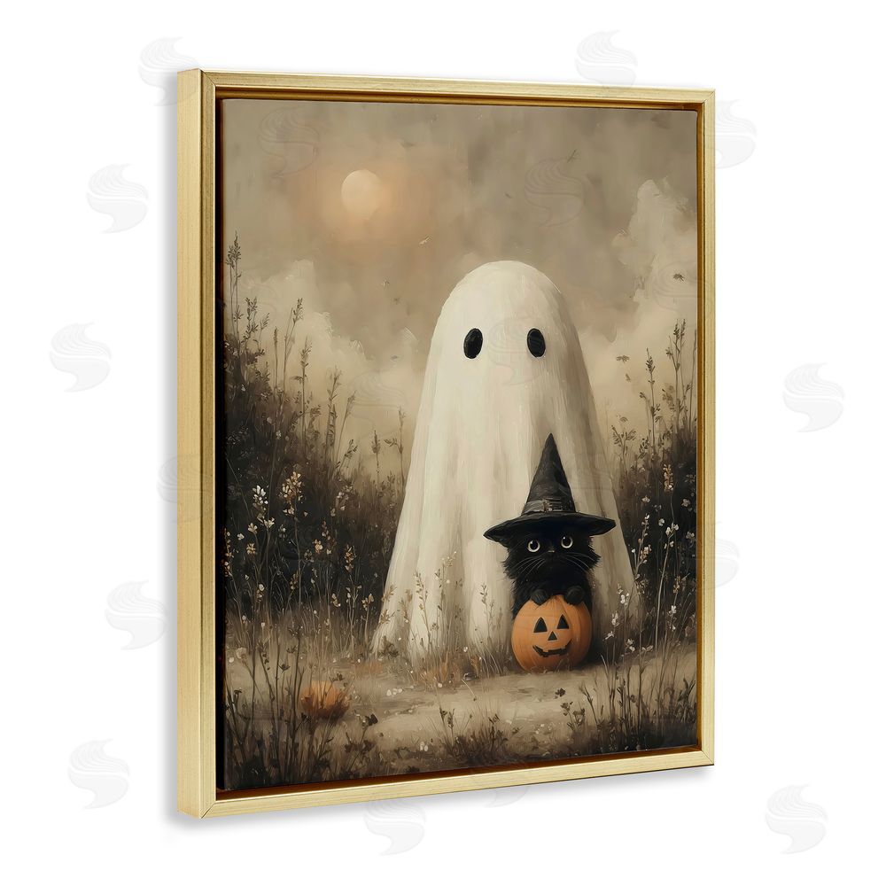 Arlington Prints Ghost with Black Kitten Gold Floating Frame Canvas Wall Art Print