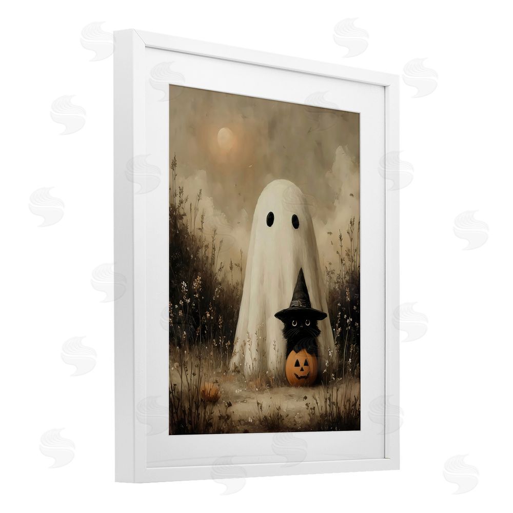 Arlington Prints Ghost with Black Kitten White Framed Print Under Glass Wall Art